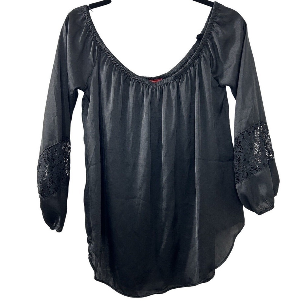 Panhandle Satin Blouse L Black Lace Peasant Whimsigoth Witchy Boho NWT